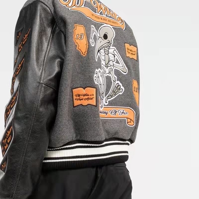 Off White skeleton flying bird baseball jacket black grey