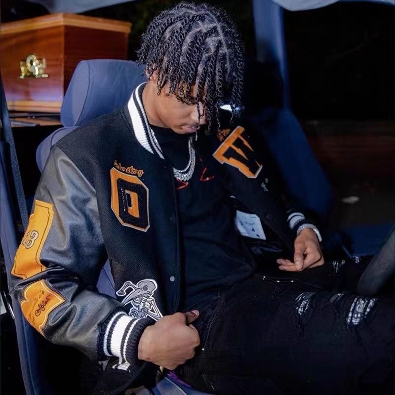 Off White skeleton flying bird baseball jacket black grey