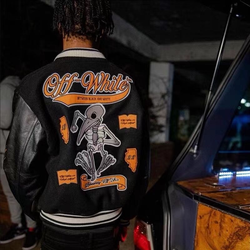 Off White skeleton flying bird baseball jacket black grey