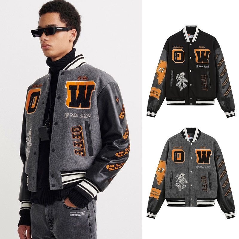 Off White skeleton flying bird baseball jacket black grey