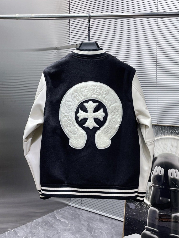 Chrome hearts sanskrit stitching leather sleeve baseball jacket