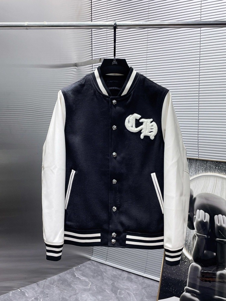Chrome hearts sanskrit stitching leather sleeve baseball jacket
