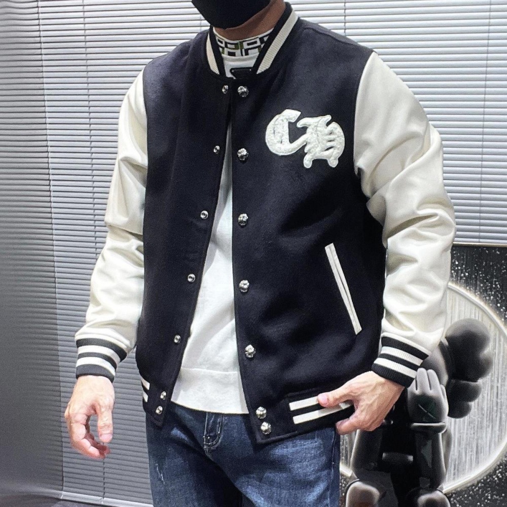 Chrome hearts sanskrit stitching leather sleeve baseball jacket
