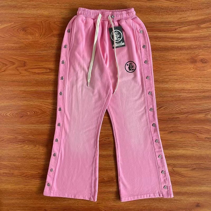 【High Quality】Hellstar Metal Button Sweatpants Grey Pink