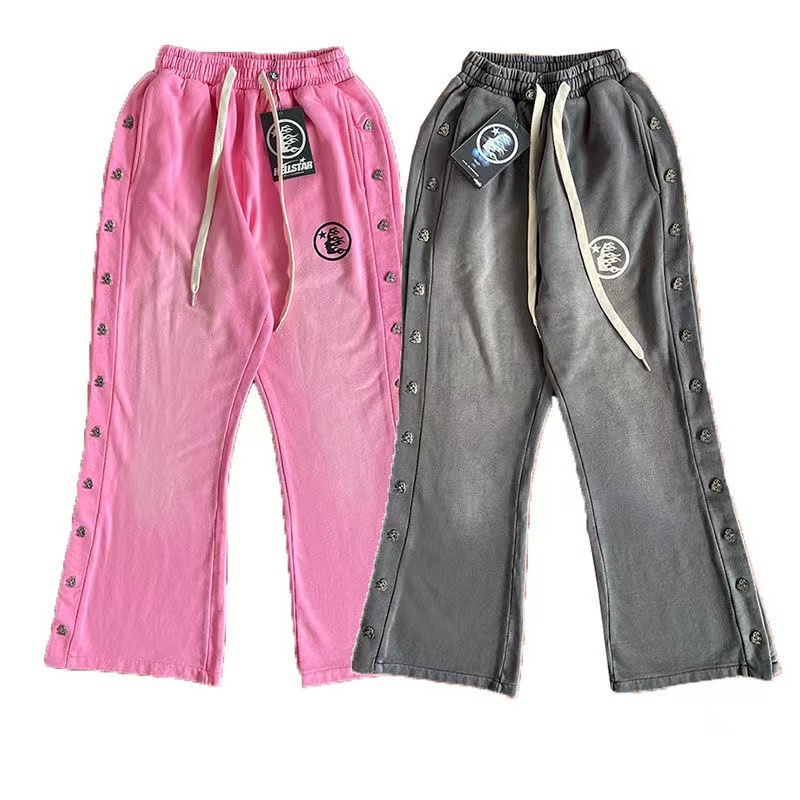 【High Quality】Hellstar Metal Button Sweatpants Grey Pink
