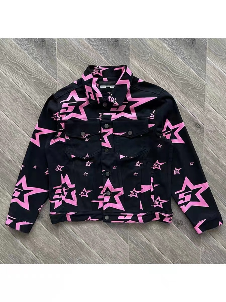 Sp5der All Over 5 Star Pink Denim Jacket And Pants Black