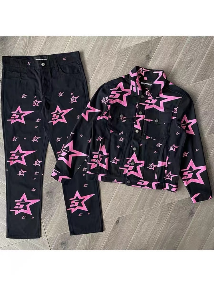 Sp5der All Over 5 Star Pink Denim Jacket And Pants Black