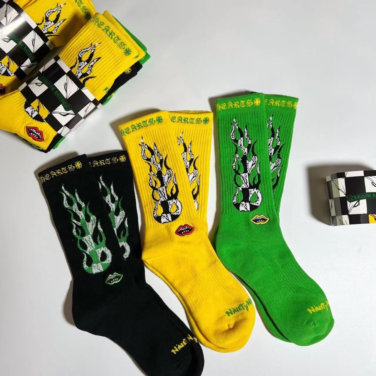 Chr0me Hearts Socks Green Black Yellow 3 Pairs