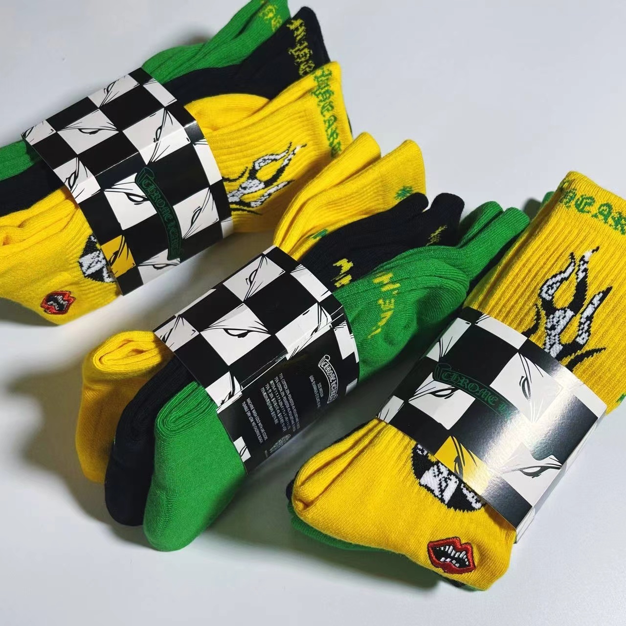 Chr0me Hearts Socks Green Black Yellow 3 Pairs