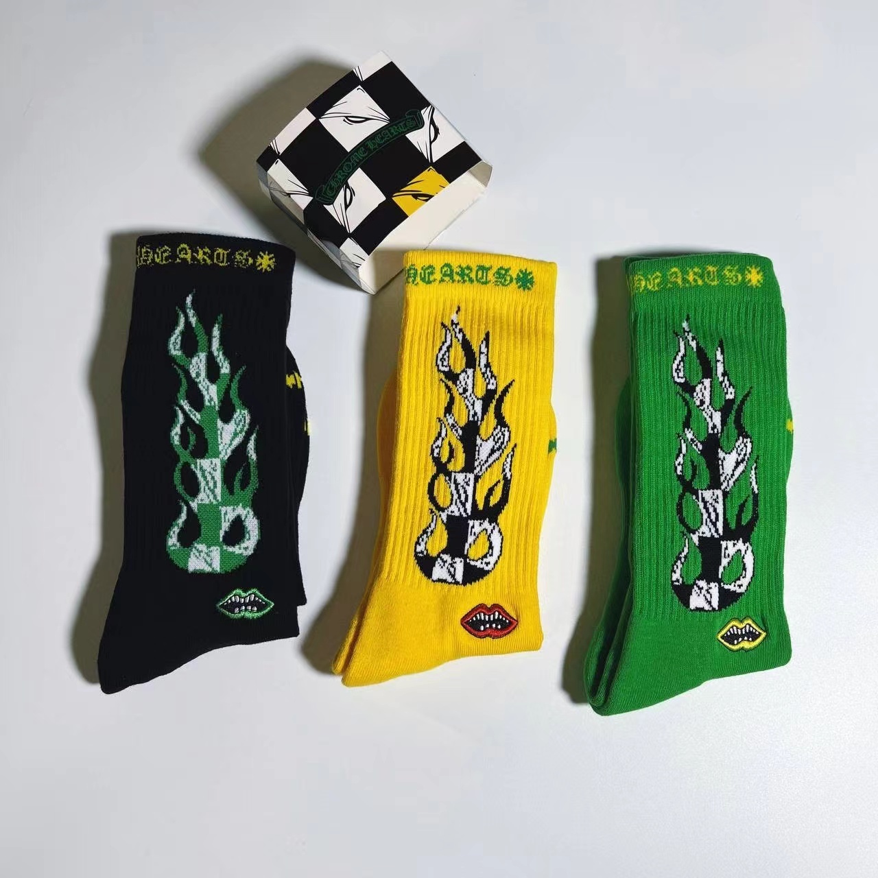 Chr0me Hearts Socks Green Black Yellow 3 Pairs