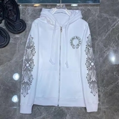Chrome Hearts Sleeve Print Back Horseshoe Logo Zipped Hoodie Black White