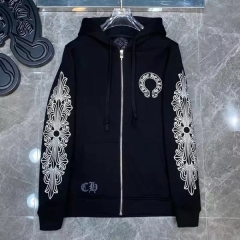 Chrome Hearts Sleeve Print Back Horseshoe Logo Zipped Hoodie Black White
