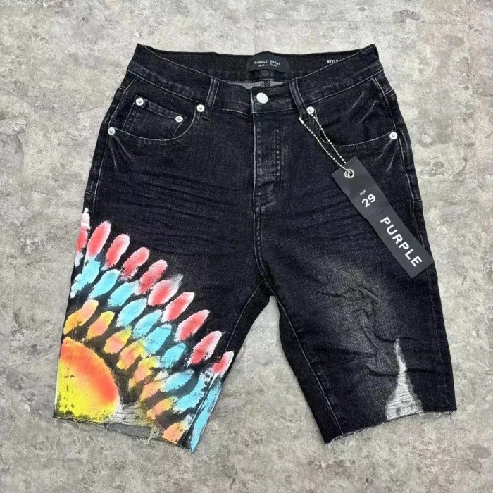 1:1 quality version Creative Paint Tie-Dye Printed Ripped Denim Shorts