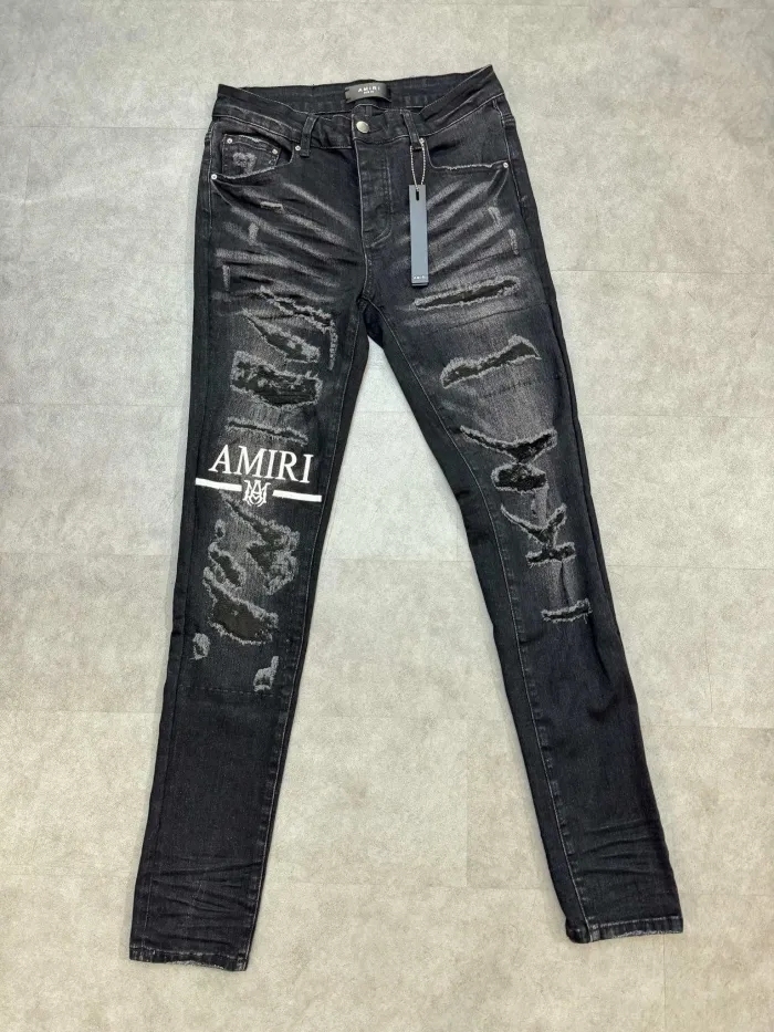 1:1 quality version AM monogrammed embroidered logo ripped jeans