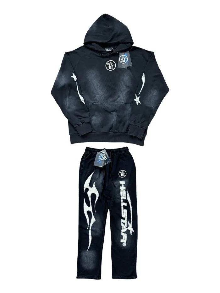 HS Washed Version Small logo neckline printed hoodie & pants set