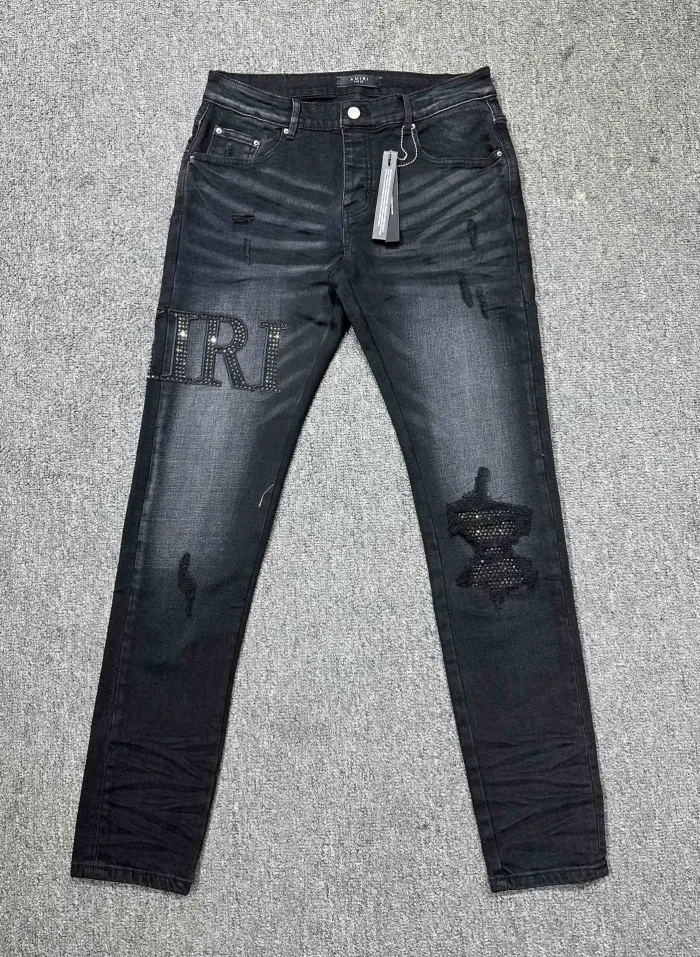 1:1 quality version Rhinestone Monogram Embroidered Patch Jeans