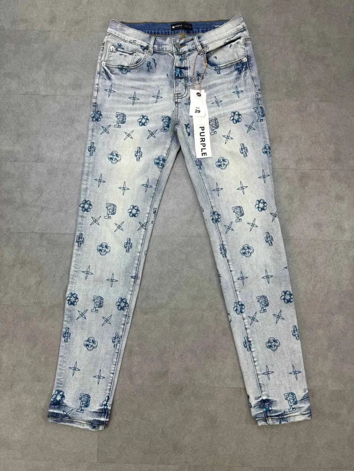 1:1 quality version Full Print Creative Printed Rubbed Light Color Jeans