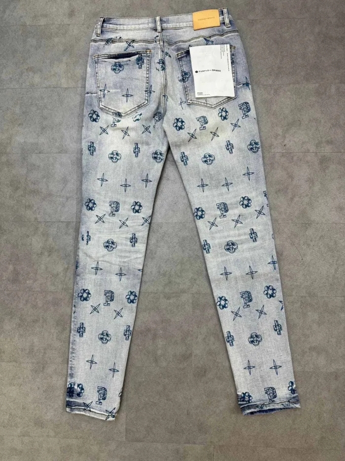 1:1 quality version Full Print Creative Printed Rubbed Light Color Jeans