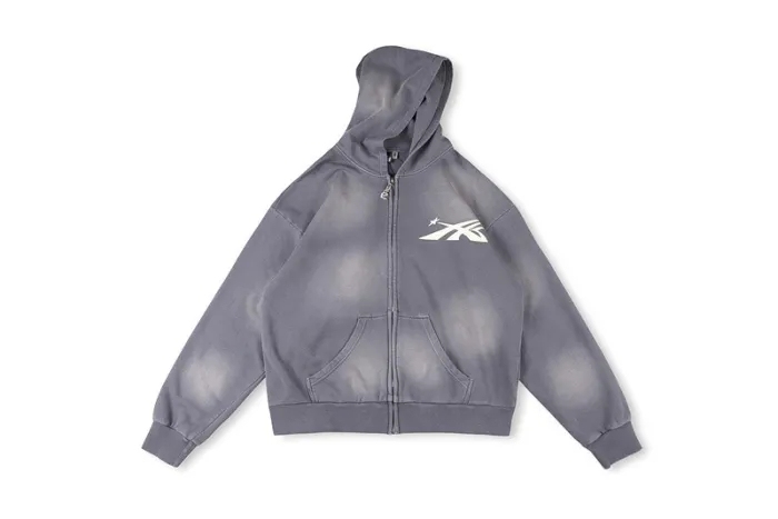 1:1 quality version Basic Front and Back Logo Print Washed Version Zipper Hoodie