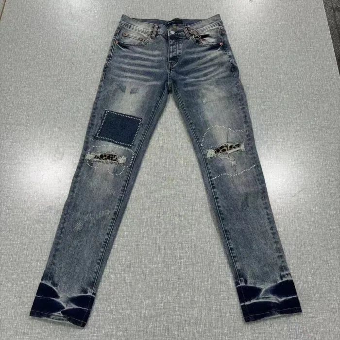 1:1 quality version purple brand Leopard Patches Appliquéd Jeans