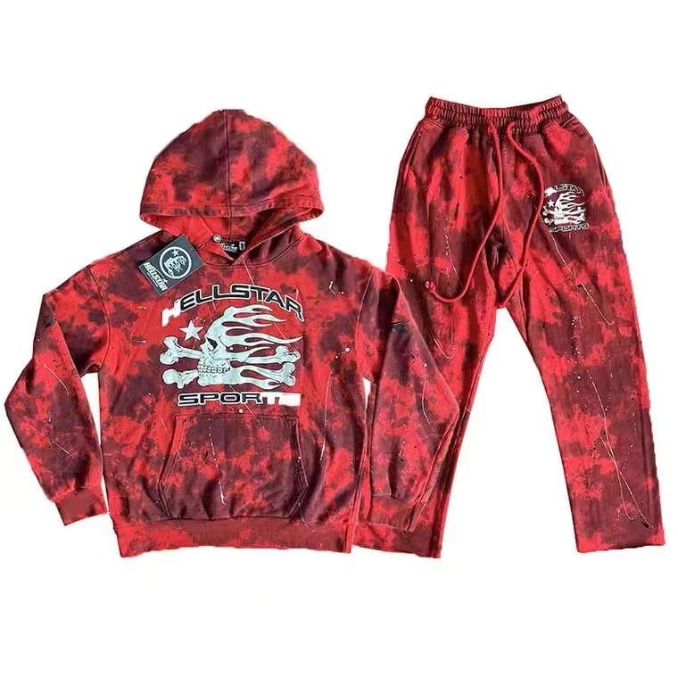 1:1 quality version Skull Print Tie-Dye Splash Ink Ripped Hoodie And Pants