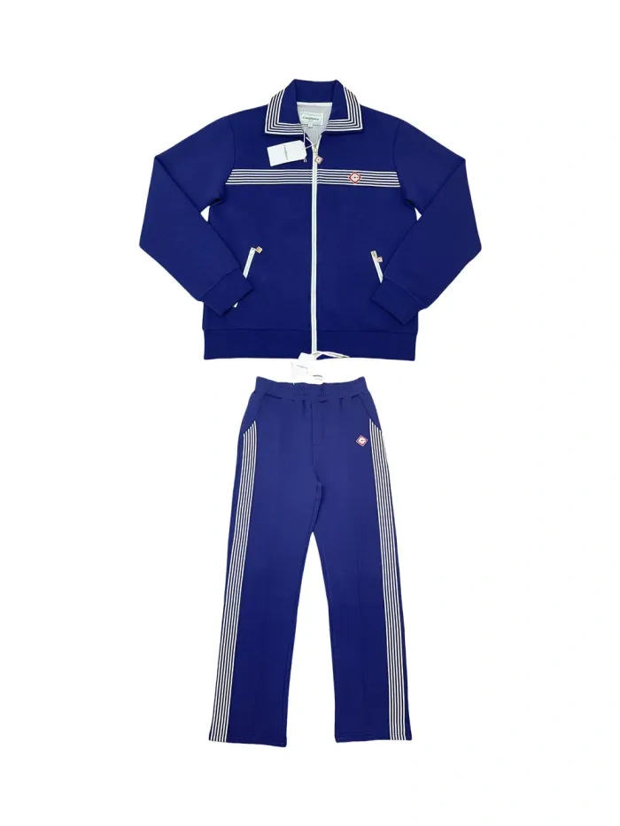 1:1 quality version Striped lapel logo embroidered zipper jacket & pants set 2 colors