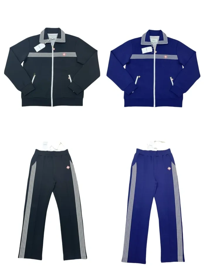 1:1 quality version Striped lapel logo embroidered zipper jacket & pants set 2 colors
