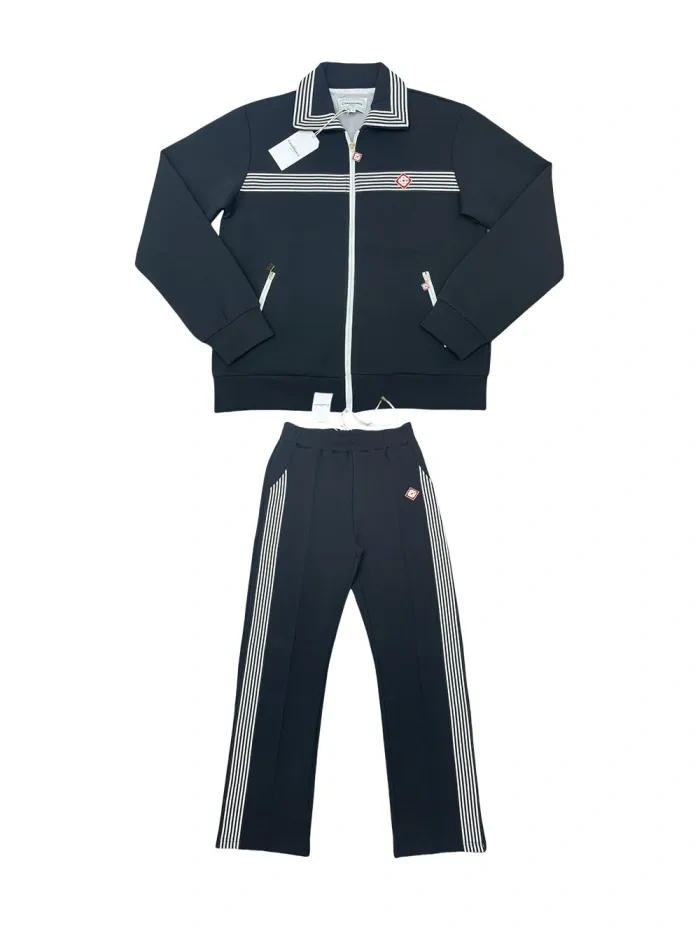1:1 quality version Striped lapel logo embroidered zipper jacket & pants set 2 colors