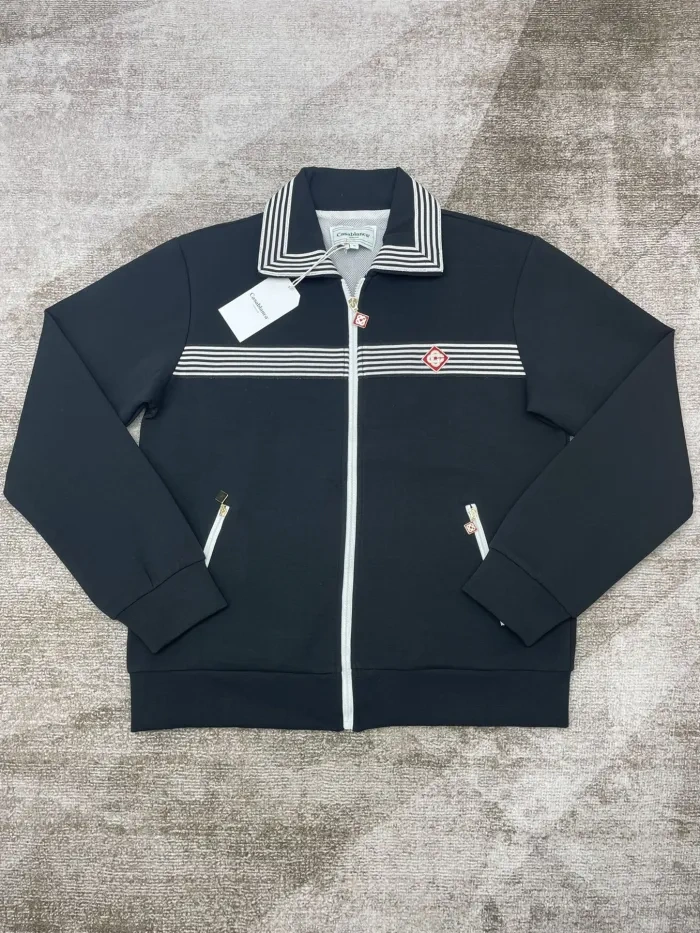 1:1 quality version Striped lapel logo embroidered zipper jacket & pants set 2 colors