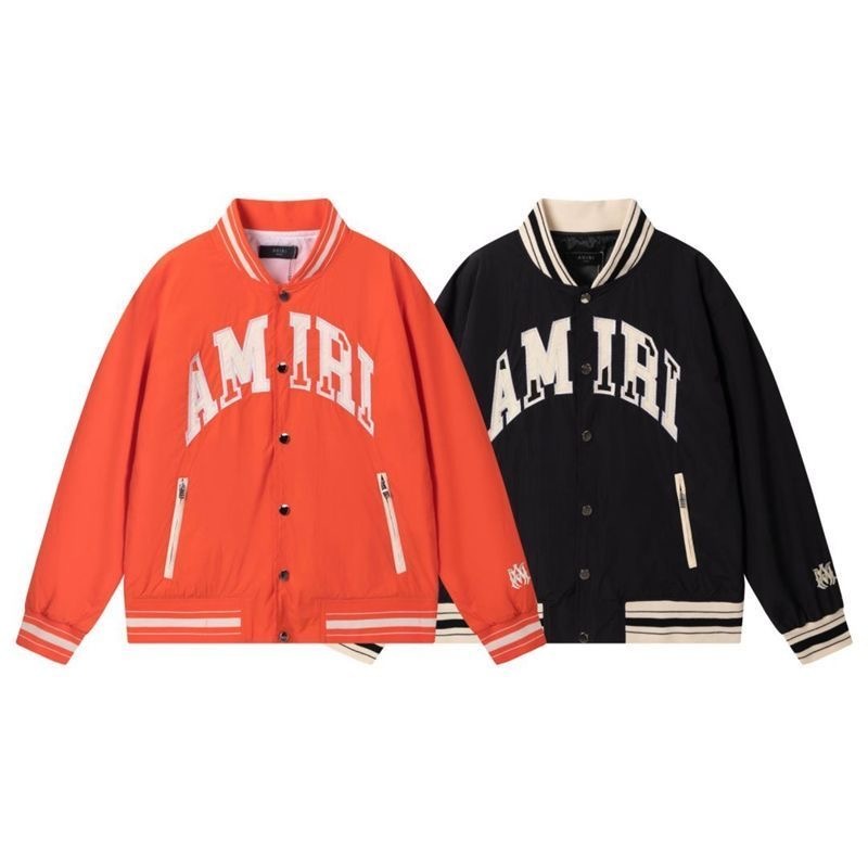 AM Letter Patch Embroidered Baseball Jacket Black Orange