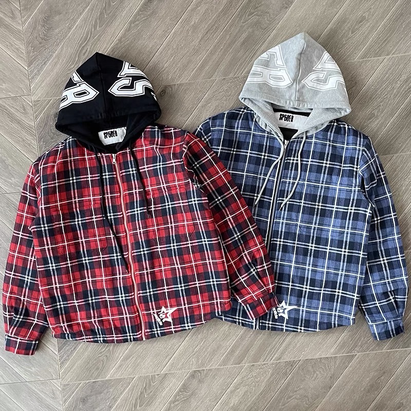 Sp5der Hooded Zip Flannel Shirt Jacket Blue Red