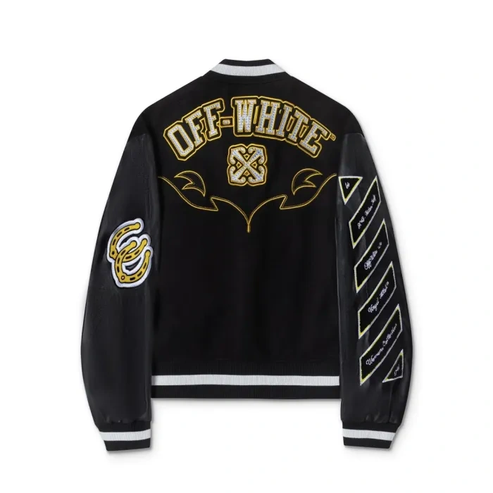 OW  Pentagram Embroidered Sleeve Quilted Leather Baseball Jacket