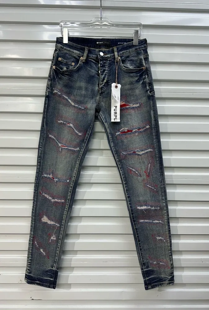 1:1 quality version Red knife cut patch jeans