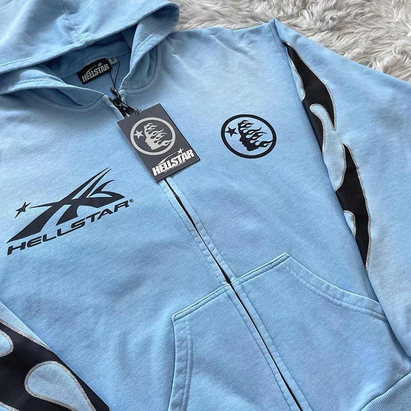 1:1 Hellstar Vintage Washed Zipper Hoodie Blue