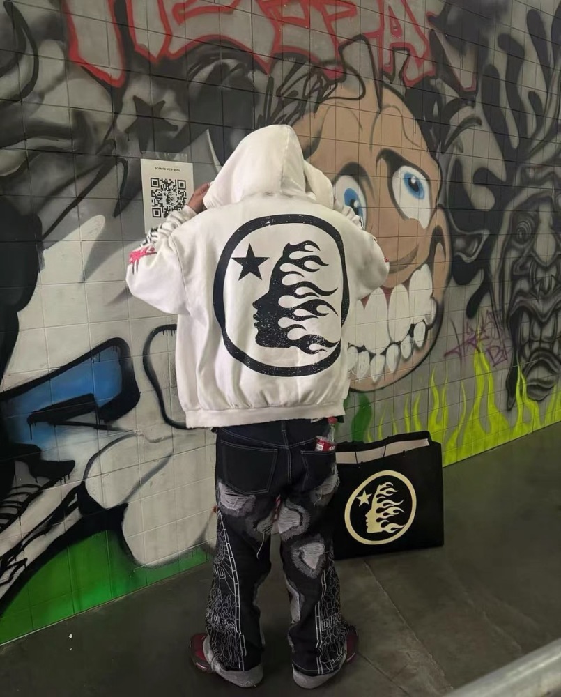 1:1 Hellstar Flame Glitter Zip Up Hoodie White