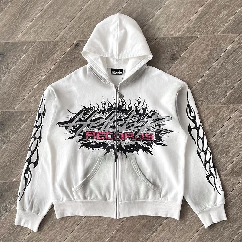 1:1 Hellstar Flame Glitter Zip Up Hoodie White
