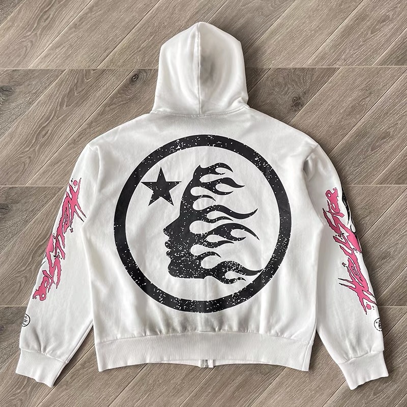 1:1 Hellstar Flame Glitter Zip Up Hoodie White