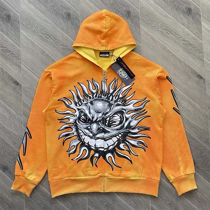 1:1 Hellstar Sun Print Zip up Hoodie Orange