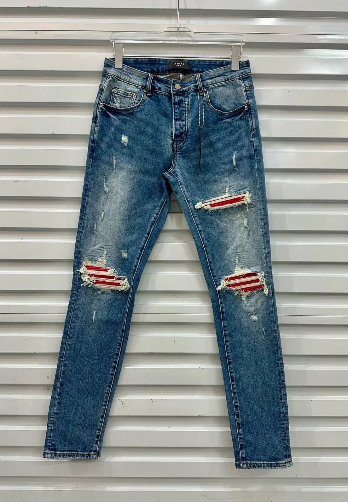 1:1 quality version Amiri Red Leather Ripped Patch Jeans