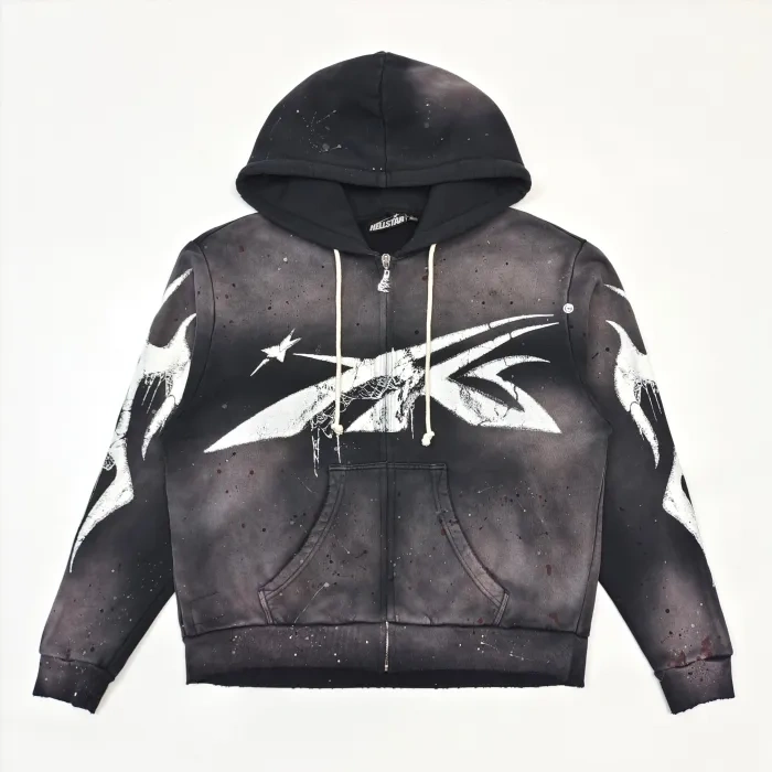 1:1 quality Hellstar Big Graphic Splash Inked Aged Zip Hoodie