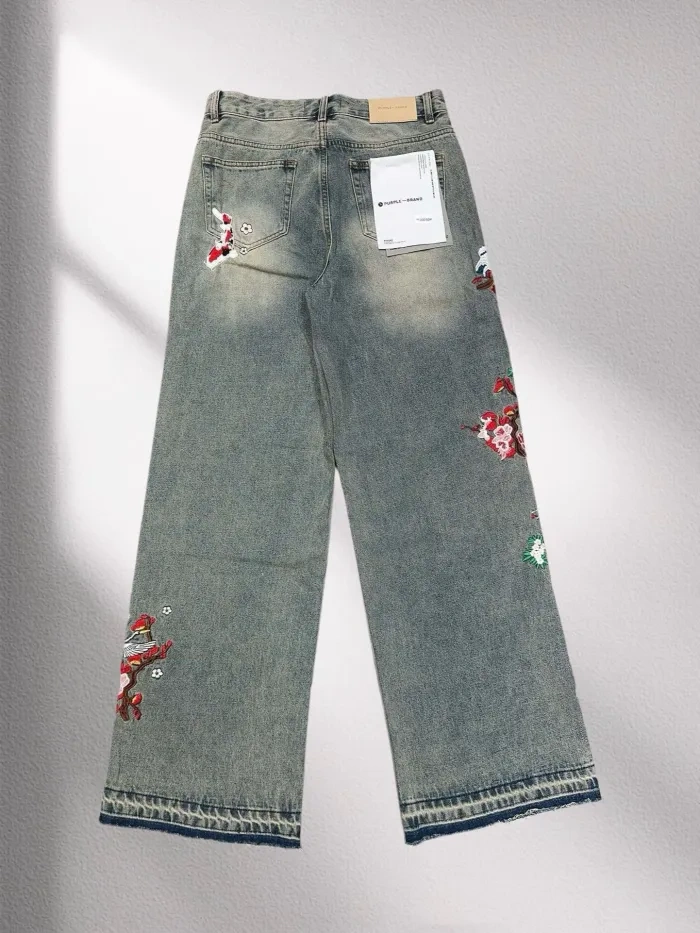 Purple 1:1 quality version Crane Embroidered Wide Leg Jeans