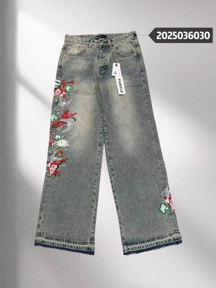 Purple 1:1 quality version Crane Embroidered Wide Leg Jeans