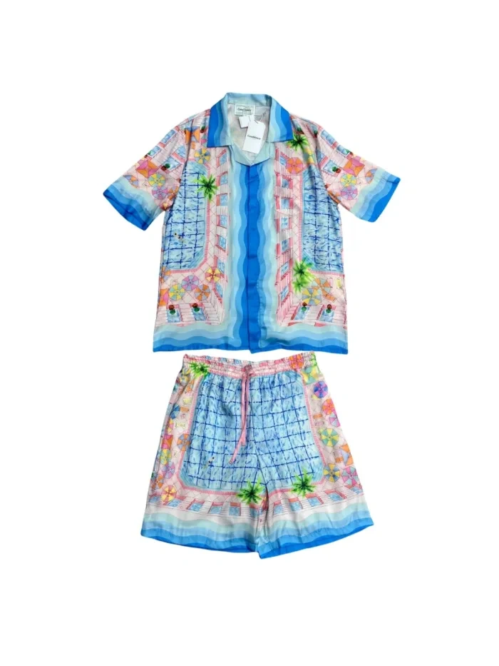 Casa 1:1 quality version  Silk Swimming Pool Printed Polo shirt & shorts set