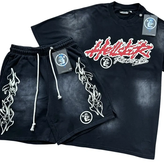 HS  Flame Letter Print Washed Version Tee & Shorts Set