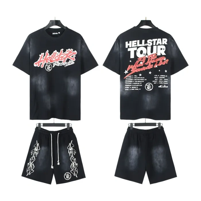 HS  Flame Letter Print Washed Version Tee & Shorts Set