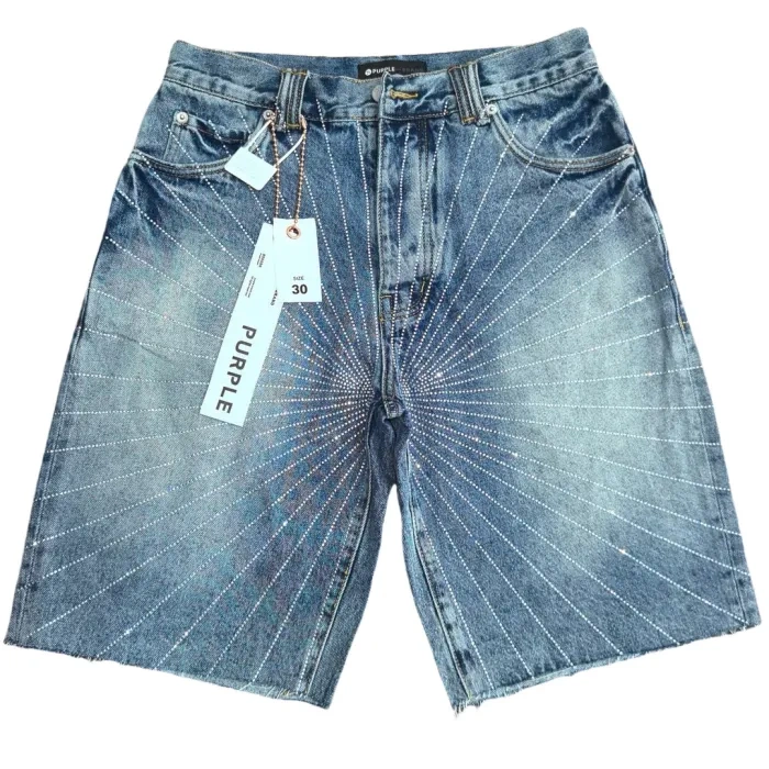1:1 Purple Brand Diamond-Studded Denim Shorts