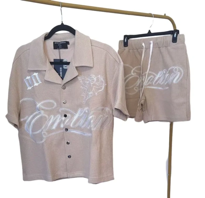 Mixed Emotion Embroidered Logo Waffle Shirt & Shorts Set 3 Colors