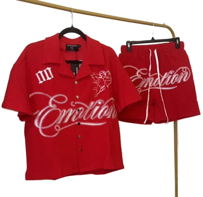 Mixed Emotion Embroidered Logo Waffle Shirt & Shorts Set 3 Colors