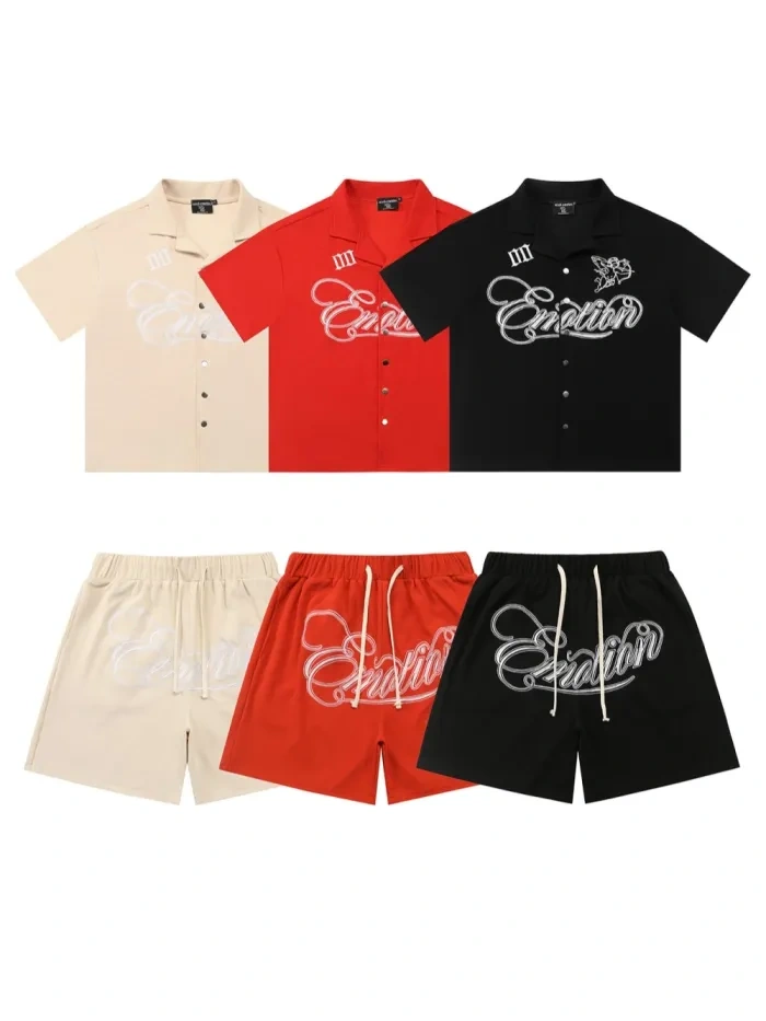 Mixed Emotion Embroidered Logo Waffle Shirt & Shorts Set 3 Colors