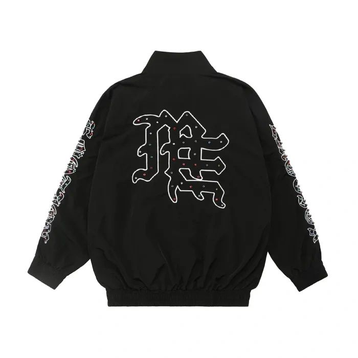 Mixed Emotion Embroidered Logo Colorful Rhinestone Nylon Jacket & Pants Set